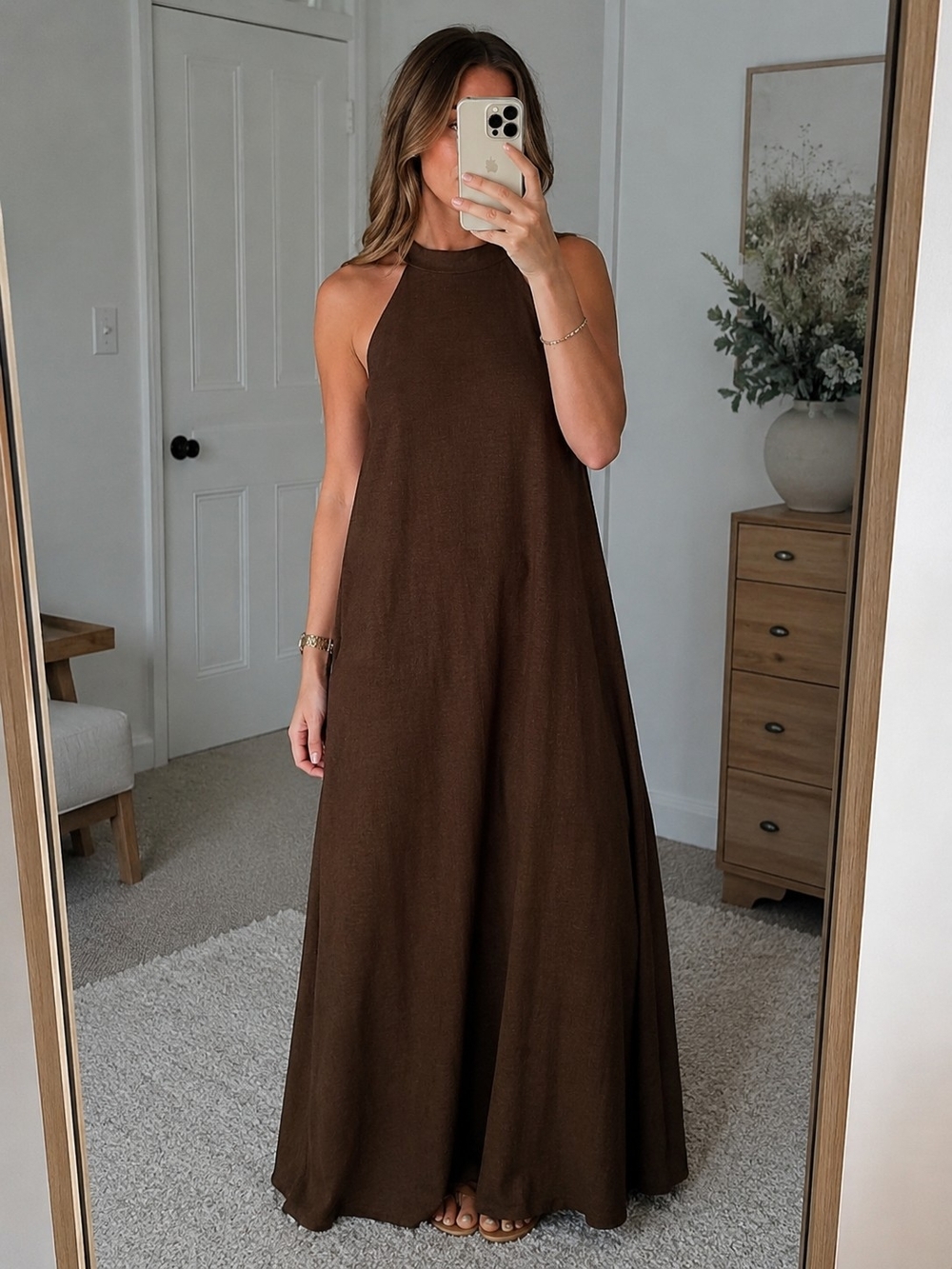Coffee Brown Halter Maxi Dress XL 14/16 Flowy Boho Summer Dress New
